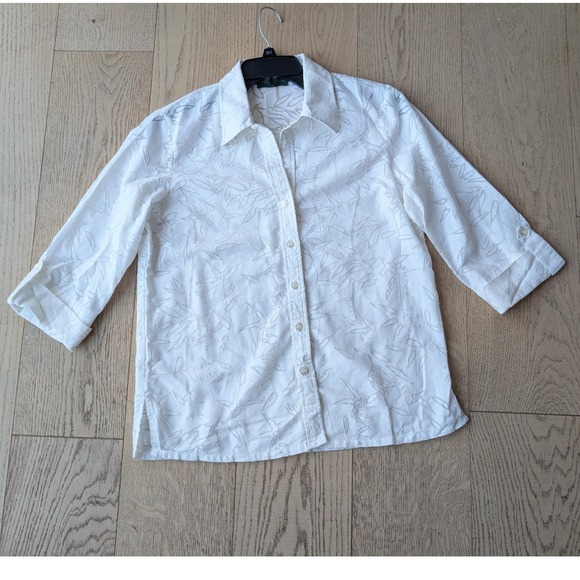 Harve Benard by Bernard Holtzman Tops - Harve Benard‎ Womens Linen Blend White Leaf Pattern Button Up 3/4 sleeve Shirt L